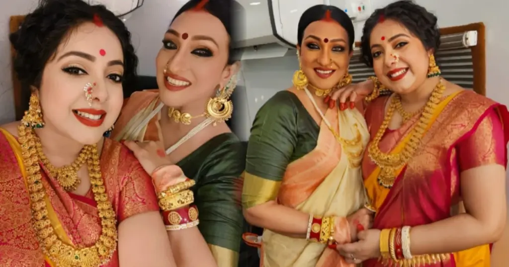 Sreemoyee Chattoraj, Times Square, Puja music video, Rituparna Sengupta, Raktabeej 2, Kanchan Mallick, Falak Production, Chaiti Ghoshal, Sanghashree Singha Mitra, shooting set, Ilish Bhetki, food sharing, Bengali attire, শ্রীময়ী চট্টরাজ, টাইমস স্কোয়ার, পুজোর মিউজিক ভিডিও, ঋতুপর্ণা সেনগুপ্ত, রক্তবীজ ২, কাঞ্চন মল্লিক, ফালাক প্রোডাকশন, চৈতি ঘোষাল, সঙ্ঘশ্রী সিংহ মিত্র, শুটিং সেট, ইলিশ ভেটকি, খাওয়ানো, বাঙালি সাজ