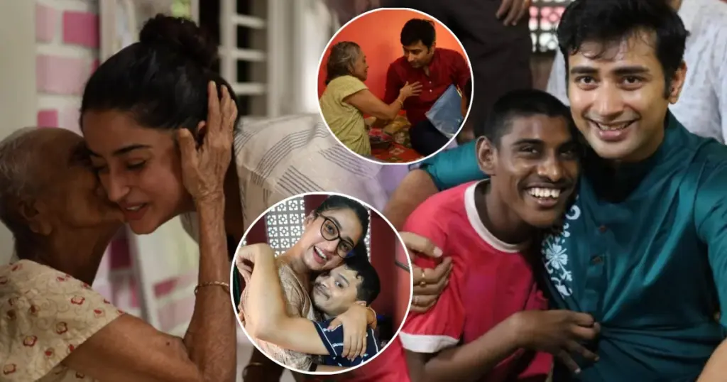 debadrita basu, Durga Puja, Rahul Dev Bose, দুর্গাপূজা, দেবাদৃতা বসু, রাহুল দেব Debadrita Basu and Rahul Dev Bose' visit to an old age home before Durga Puja